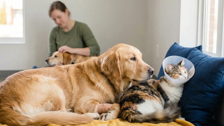 A Paws In Need supporter relaxing at home with a dog and a cat