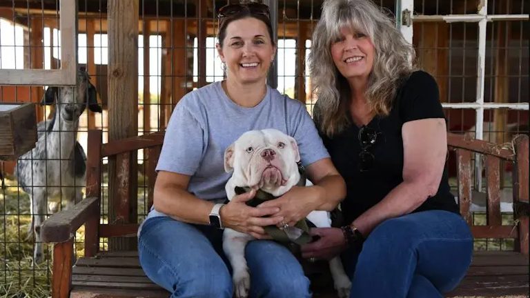Two women with a dog